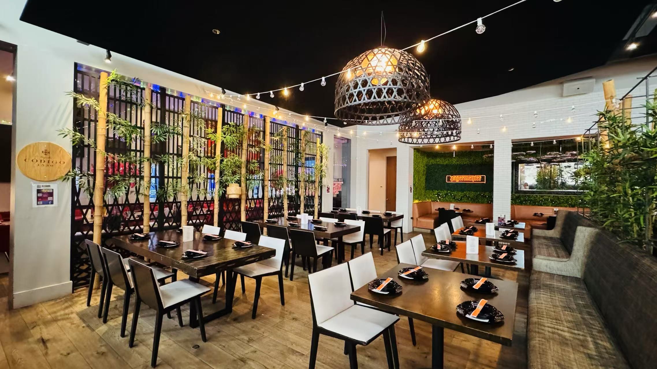 Modern restaurant interior with warm pendant lights